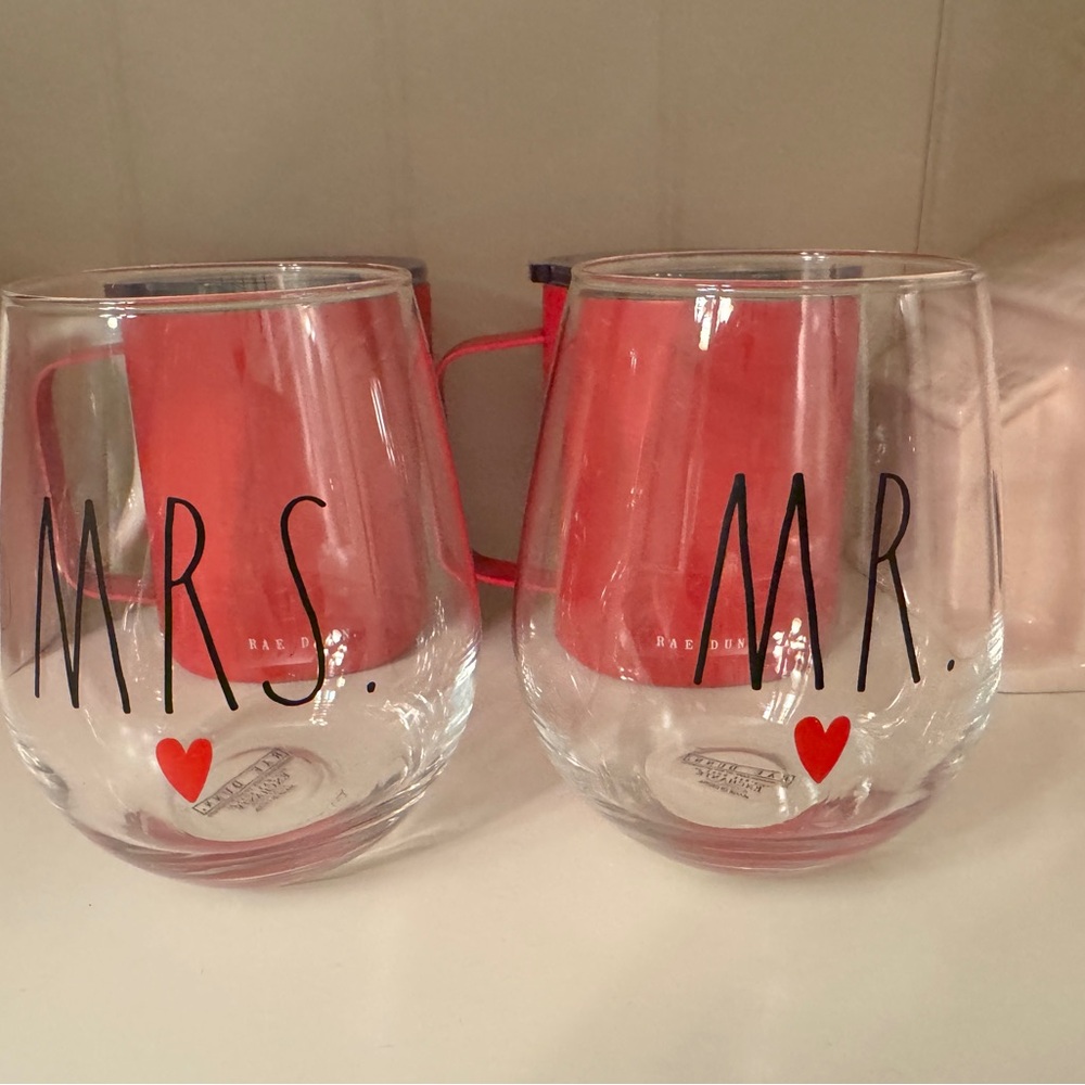 Rae Dunn Mr. and Mrs. Stemless Glasses with Red Hearts